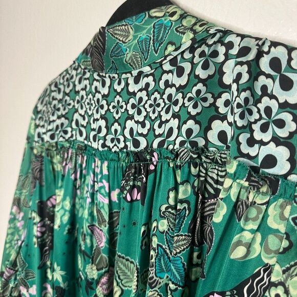 Odd Molly Robe Size 2/M Emerald Green Floral Print Wrap Kimono Boho Romantic - Picture 2 of 9